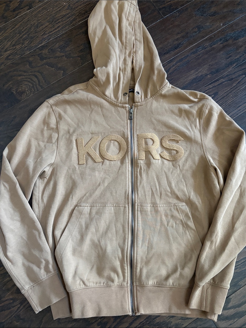Michael Kors Beige/Tan Hooded Zip-Up Sweatshirt with KORS Patch